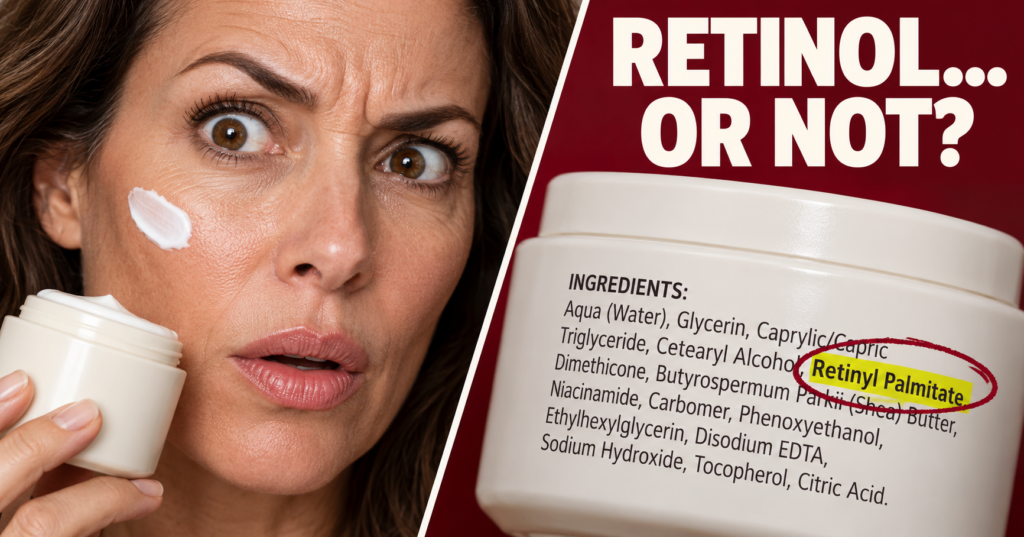 Retinol… or not? An illustrated ingredient-label investigation, featuring a woman and a highlighted retinyl palmitate label.